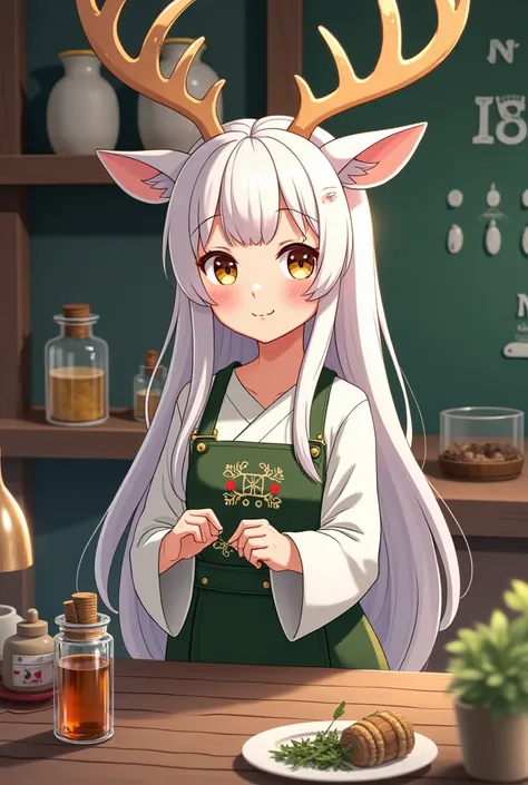 1 girl, little deer antlers on goa ,cute,cute,Net set , Smiling a little , Break,(  behind Christmas stream  :1.3),Good poses,  white long hair, bunch of medicinal herbs,Potion,hardware,footpath,shelf, tool parts ,hardware section,a balance ,plant, lamp,Wo...