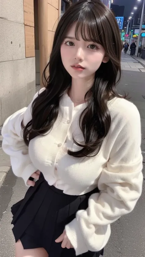 top-quality、8k、32K、​masterpiece、nffsw:1.2)、1girl in、One girl、 A Dark-haired、Heavy bangs、long hair to the chest、Wearing a long-sleeved puff-sleeved blouse &Pleated mini-skirt、Cute clothes、underground street wall background 、Focus on the face、Focus on the fa...