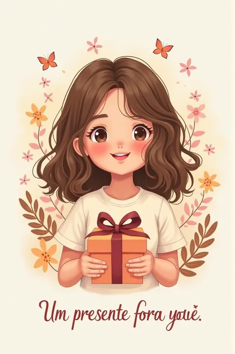  Create a flower-like but cute drawing .  A drawing of a sweetie holding a gift box all smiling.  She has wavy brown and blonde hair , de Baton rosa com blush no rosto. Below the written drawing : A gift for you ,  write this in Portuguese .