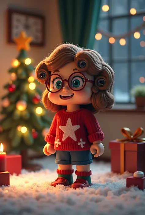 Minecraft character with curlers and glasses at Christmas with a little tree