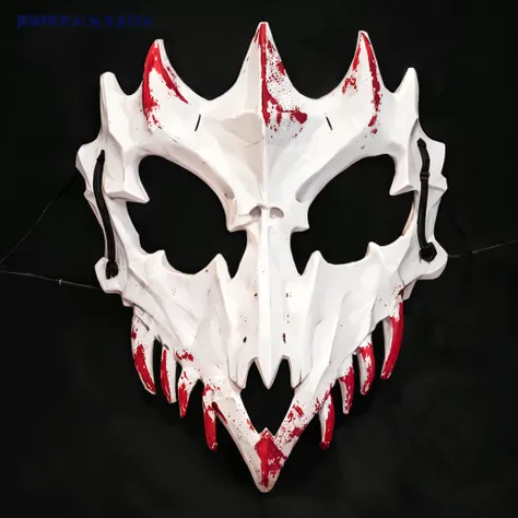 a close up of a white mask with red paint on it, ghost mask, monstrous mask, ( ( mask ) ), pointy mask, skull mask, white scary skin, robot ghost mask, demon samurai mask, white mask, horned skull mask, vega mask, metal mask, mask, unsharp mask, full face ...