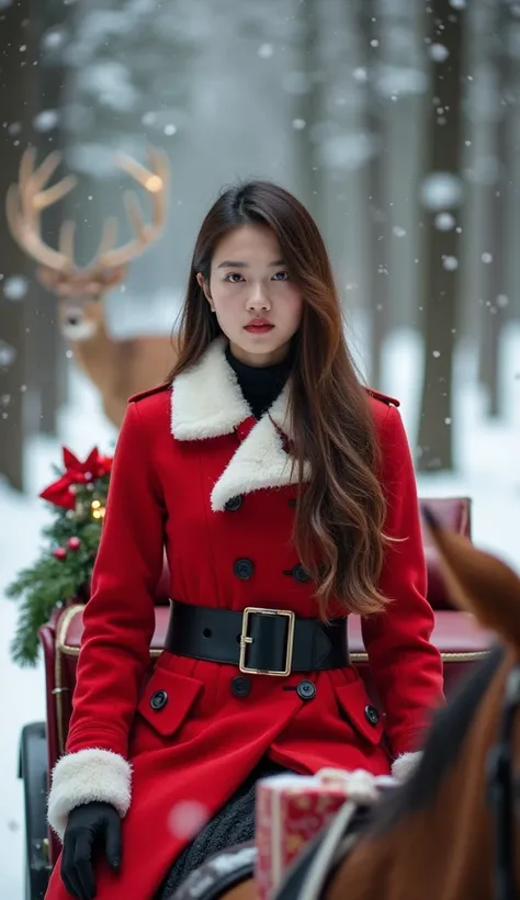 a portrait of a young Thai woman sitting on a horse-drawn carriage in a snowy forest. She is wearing a red coat with a white fur trim and a black belt. She has long brown hair and is looking directly at the camera with a serious expression. The carriage is...