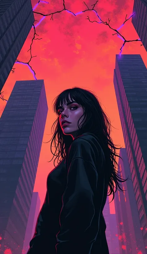  A figure with a defiant eye ,  surrounded by glass skyscrapers under a bright red and orange sky.  The ceiling above her is cracked , about to crumble ,  scenario with beams of purple neon light crossing the cracks .  Intense graffiti in the background co...