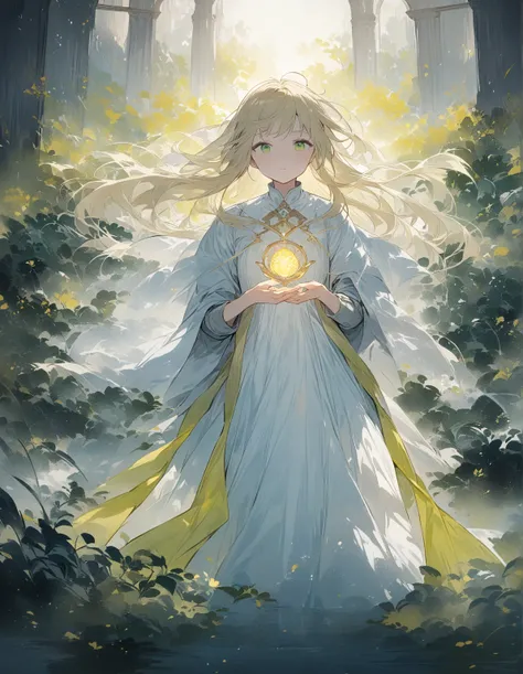  1 20-year-old girl with the light of her soul in her hands , eyes half-closed,  radiates strength courage determination and faith , adult face,  blonde with long hair and green eyes in a mechanical suit, focus on girl , whole body from afar ,  stands in f...