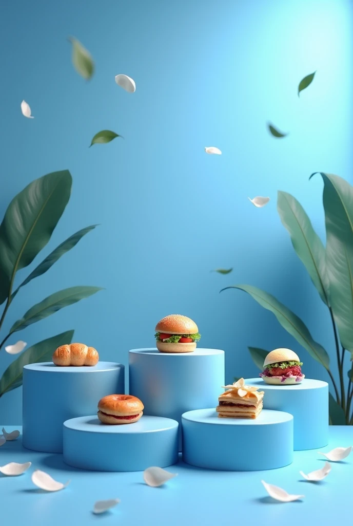 Background abstrait bleu tendance avec des produits de nature floutter volante, tamarrain des podiums pour pose de produits alimentaires cinder en cinq 