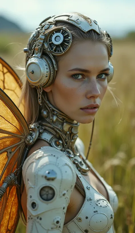 Closeup cyborg girl wearing a moth-like plug suit、Detailed skin、Actual item、grassland、photograph、((Big moth wings))、((Ancient Technology))、((Model pose))、cyber punk、skeleton、Wide-angle lens、nsfw:1.2、A plug suit that emphasizes bondage、Exposed internal mach...