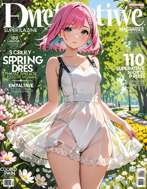 Masterpiece, superlative, spring dress, colored hair, outdoor, magazine cover, transparent short skirt,, (white leotard underskirt), suspenders, light tulle, wide hips, thin waist, smooth soft and delicate skin