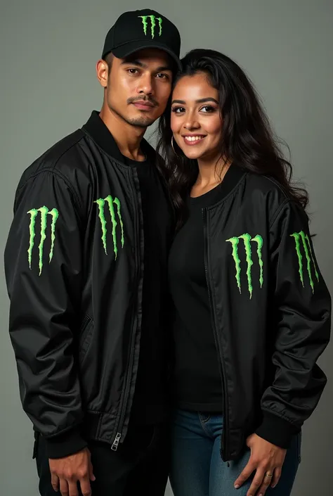 Indonesian male and female couple,  handsome man wearing hat  ( Monster energybasket  ) (  black t-shirt jacket with inscription  "monster energy " embossed on it ,  Indonesian woman with long dark hair, fat,  wearing t-shirt jacket  