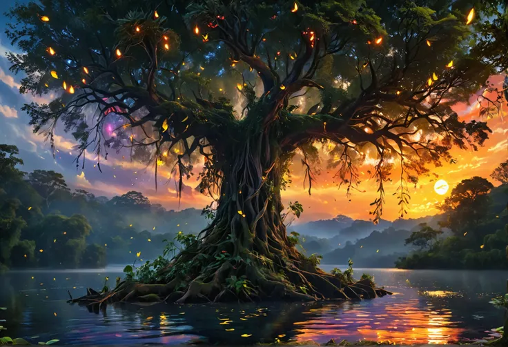 Masterpiece, Award Winning, UHD, HD, Best Quality, In a twilight forest, a solitary exotic tree with colorful bark and sprawling roots emerges from a shimmering lake. Fireflies dance around it, illuminating the intricate patterns on its leaves while the mo...