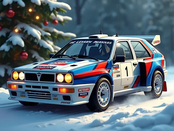 Lancia Delta S4 (1985)
"Christmas ornament for the legendary Lancia Delta S4 in semirealistic anime style .  The car is represented in its Martini Racing livery with the iconic colors white ,  blue and red .  Meticulous details of the twin rear air intakes...