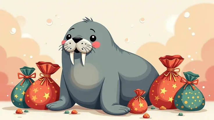 A cute illustration of a walrus surrounded by lucky bags。