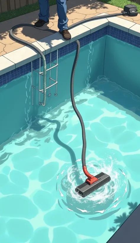 A scene showing the technician scrubbing the pool walls and floor with a large pool brush, stirring up a faint cloud of dirt and algae. The water remains cloudy but starts to show slight improvement. Nearby, a vacuum hose and other tools are ready for the ...