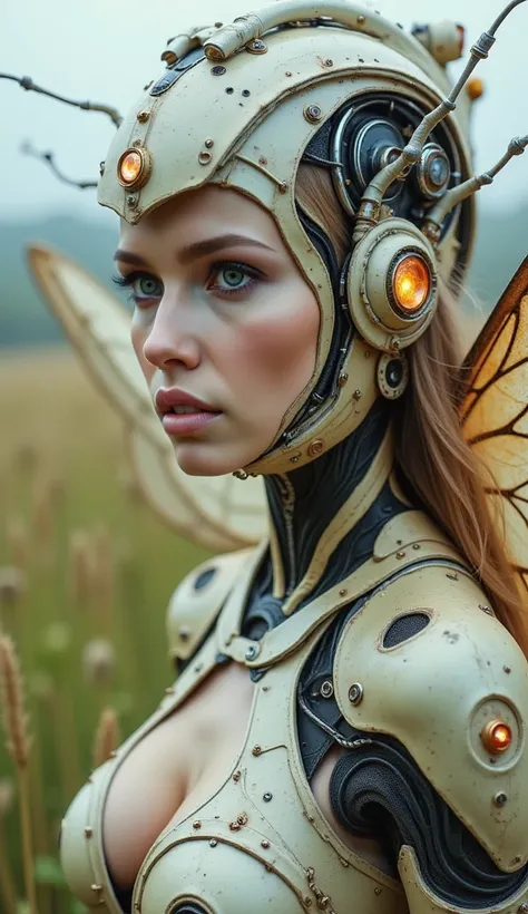 Closeup cyborg girl wearing a moth-like plug suit、Detailed skin、Actual item、grassland、photograph、((Big moth wings))、((Ancient Technology))、((Model pose))、cyber punk、skeleton、Wide-angle lens、nsfw:1.2、A plug suit that emphasizes bondage、Exposed internal mach...