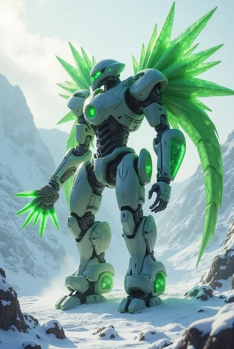 make a hibrid creature of an robot like pacific rim with a green crystal wings and hand full of green crystal in a snowy mountain