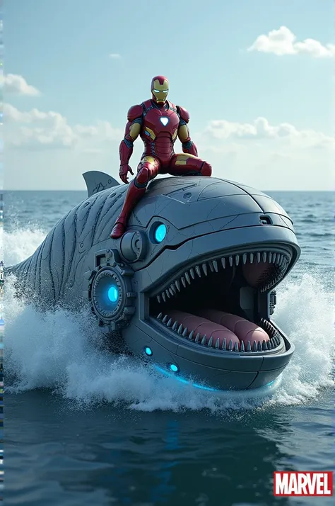 The image depicts iorn man riding a large, mechanical whale in the ocean. The whale is  with blue lights and mechanical elements, while  is dressed in his iconic red and blue suit, perched on top of the whale.