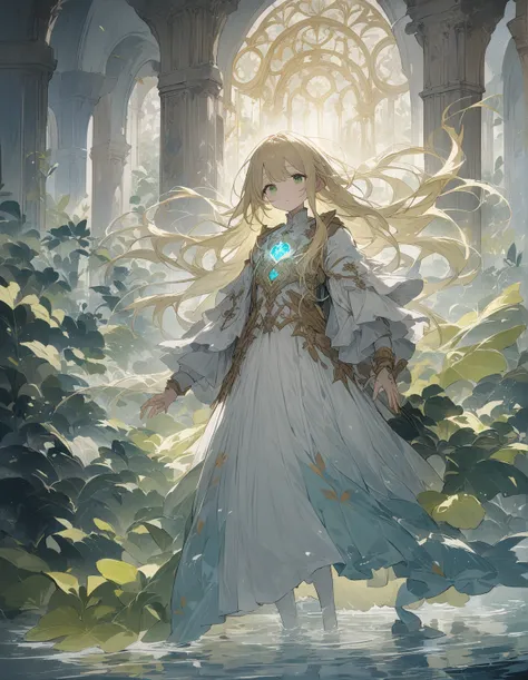  1 20-year-old girl with the light of her soul in her hands , eyes half-closed,  radiates strength courage determination and faith ,  blonde with long hair and green eyes in a mechanical suit, focus on girl , whole body from afar ,  stands in front of the ...