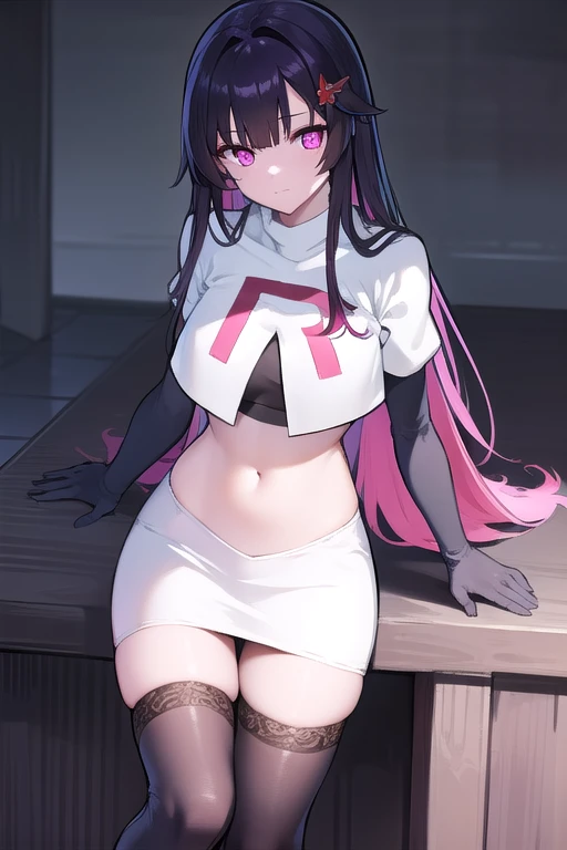 honkaisparkle, black hair, colored inner hair, glasses, hair intakes, hair ornament, hairclip, long hair, multicolored hair, (pink eyes:1.3), purple hair, straight hair, 
BREAK team rocket,team rocket uniform,white skirt,red letter R,crop top,black thigh-h...