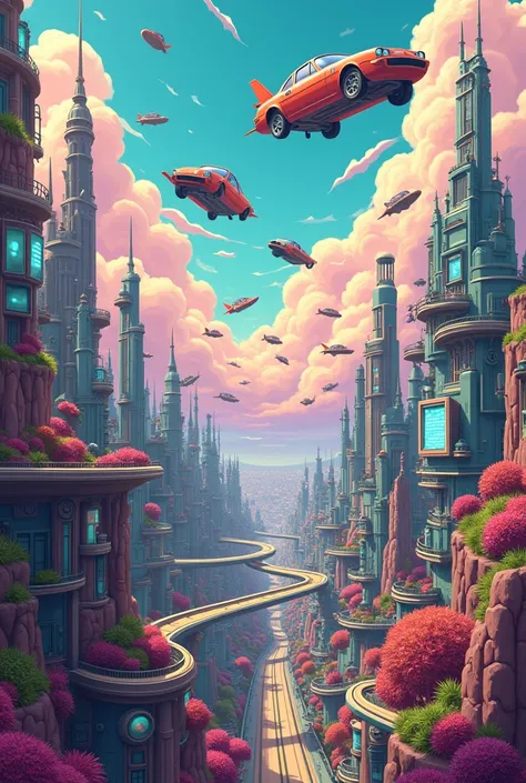  We see a city without gravity. Flying cars .  Rick and Morty style .