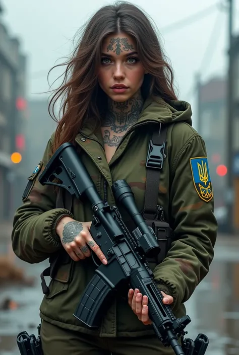 Heavily armed all over the body Tattooed with Ukrainian trident motif beautiful warrior girl in camouflage combat jacket of the Ukrainian army with coat of arms of Ukraine on its  holding a rifle AR-15 in her hands in front of a war wounded Ukrainian city ...