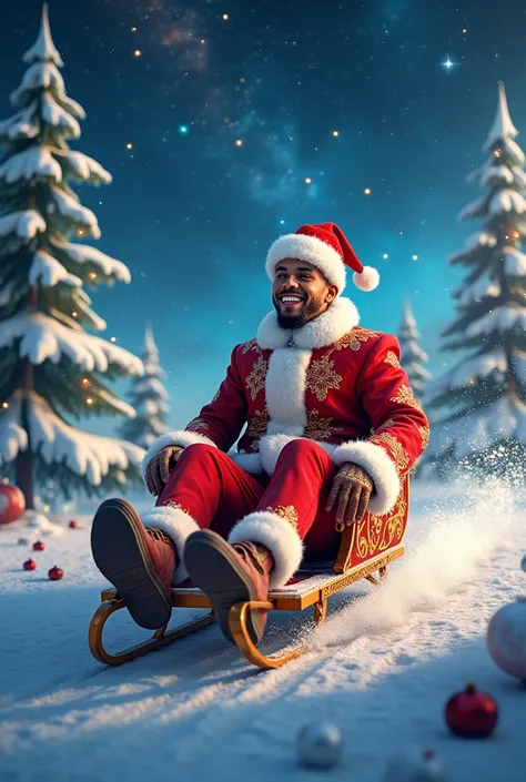  create a background image of the universe with Christmas effects, Singer Chris Brown as Noel on the sledding, Going through countries , red.