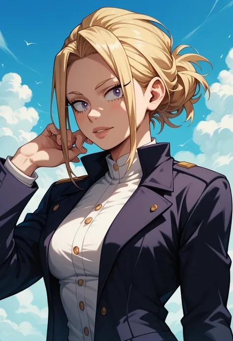 white female adult, athletic build, blonde hair, purple and black hero suit my hero academia style, short jacket, high quality, toriyama anime style, safe for work