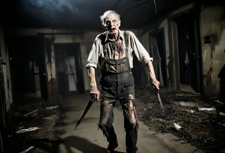 photoreal, old guy like zombie, thin body, , wearing tattered border pants with suspenders, bizarre long knife, suspicion magic fog, darkness lighting, laugh:1.5