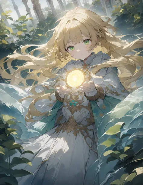  1 20-year-old girl with the light of her soul in her hands , eyes half-closed,  radiates strength courage determination and faith ,  blonde with long hair and green eyes in a mechanical suit,  elaborate face , focus on girl ,  upper body,  stands in front...