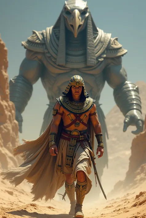 I want a realistic image of a egyptian soldier walking forward with a kaiju that represents behind him