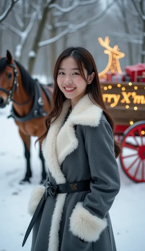 This photo shows a young Japanese woman posing beside a horse-drawn carriage in a snowy forest. Shes wearing a gray coat with white fur and a black belt. She has long brown hair and is looking directly at the camera with a bright smile. The horse-drawn car...