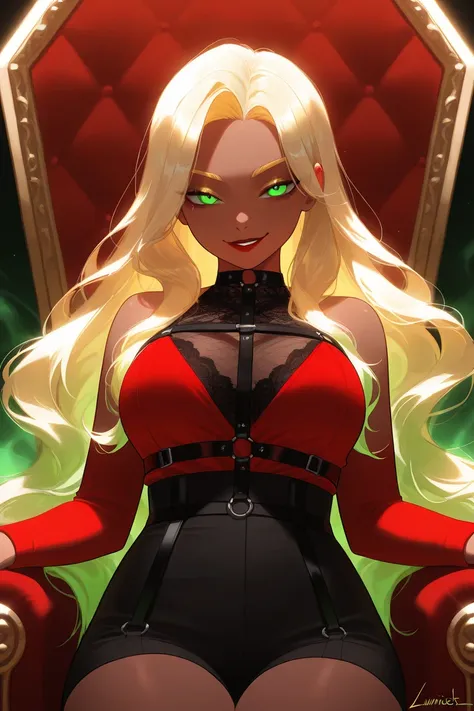  OC, female, semi realism, dark tanned skin, red lips, blonde eyebrows, perfect face, long wavy light Ashe blonde hair with bang,  half-closed Green eyes, evil smile, red glamorous, sweet aesthetic, harness and lace mystic, mystic luminescent, sexy, throne