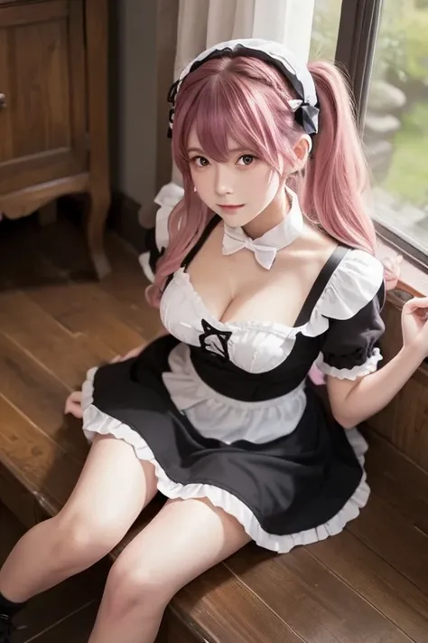  One girl ,  apron, bow, cube  hair accessory as Kamui ,  dress, frills,  dark (Performance),  hair accessory as Kamui , heart, heart hands,  long hair,  divert your gaze , Maid, Maid  apron, Maid head dress, mary janesone side up,  pink hair, Shadowy Face...