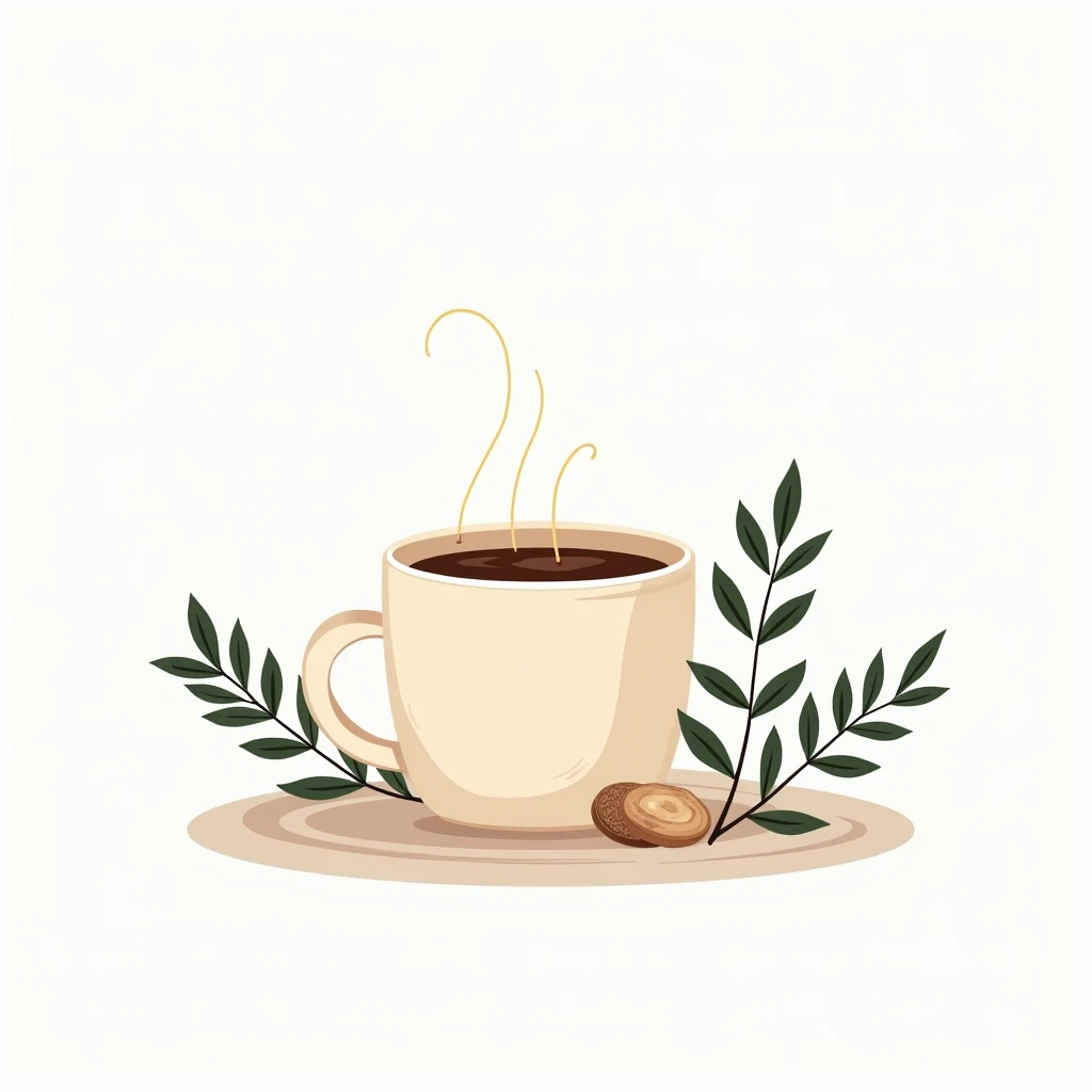 Create a minimalistic line art illustration of a cozy coffee cup surrounded by simple plant elements. Use a color palette of beige, dark brown, and forest green on a white background, ideal for mugs and notebooks*