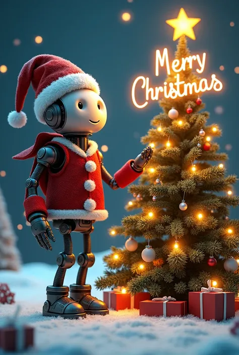 Robotic merry Christmas image with Christmas tree and letters saying merry Christmas 