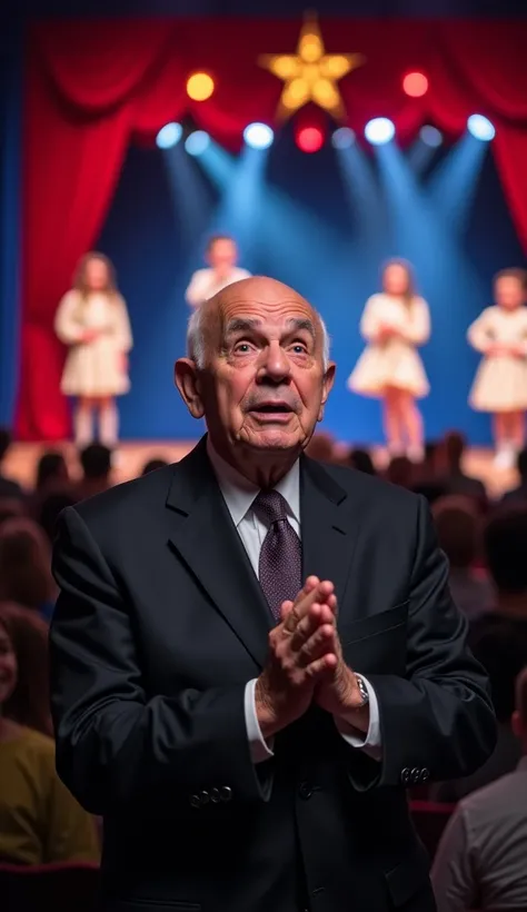 "An elderly man with a bald head and a dark suit, his face a picture of astonishment as he watches a talent show performance. His hands are clasped in front of him, and his eyebrows are raised in surprise. The stage is alive with color and movement, and th...