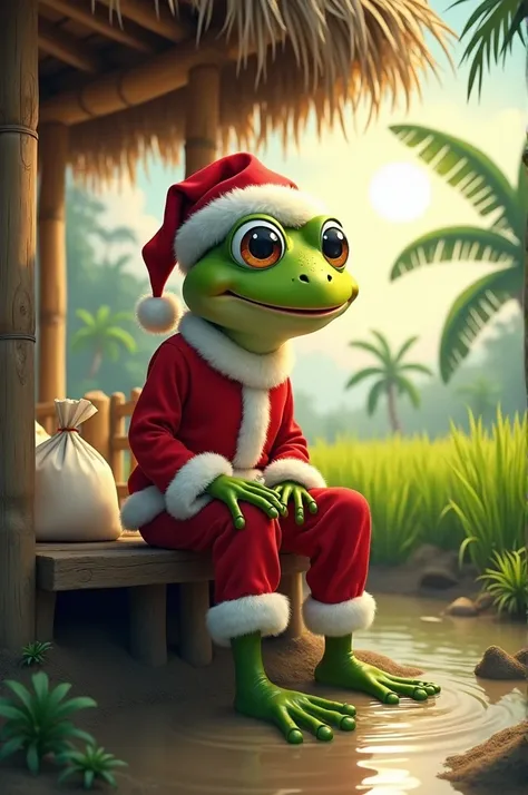 a frog with the character of Santa Claus. His smiling face showed his white teeth. Wearing a red hat. Red and white long-sleeved shirt. red trousers. wearing white gloves. wearing white long-barreled shoes. sitting in a bamboo hut on the edge of a mud pudd...