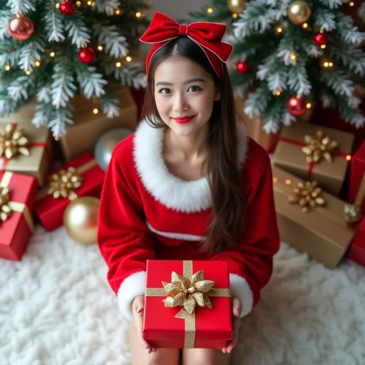 

[Details]: She wears a festive red Santa crop top with long sleeves and fluffy white fur trim around the neckline, cuffs, and hemline, along with a short red skirt trimmed with matching fluffy white fur. Her hair is styled naturally without any small bow...