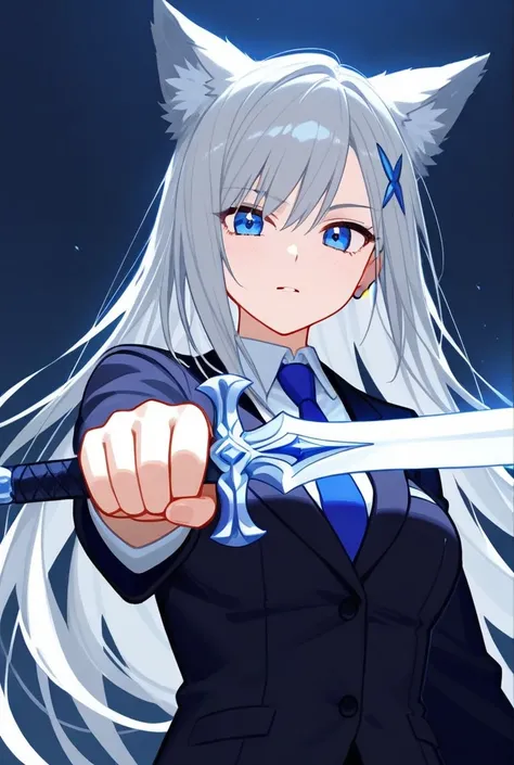 
A beautiful anime-style character illustration of a female wolf humanoid with an alluring and sharp appearance. She has long, flowing gray hair and piercing blue eyes with a keen gaze. Her physique is both elegant and captivating, exuding strength and cha...