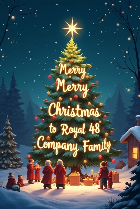 Write Merry Christmas to Royal 48 Company Family at Christmas night view with Christmas tree.