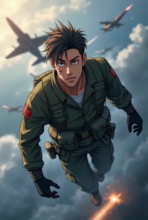 Anime man in air force war clothes with knife wound on left cheek With a calm face