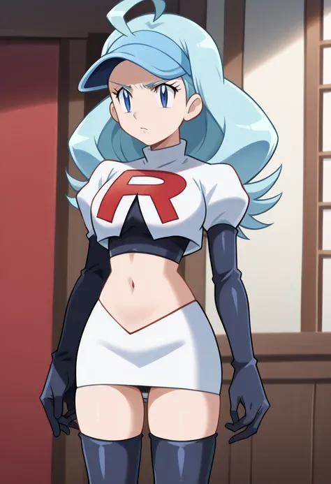 score_9, score_8_up, score_7_up, source_anime, 1girl,  anime screencap, kahili, blue hair, ahoge,blue cap, blue eyes, medium breasts, adult body, thighs, looking at viewer, team rocket,team rocket uniform,white skirt,red letter R,crop top,black thigh-highs...