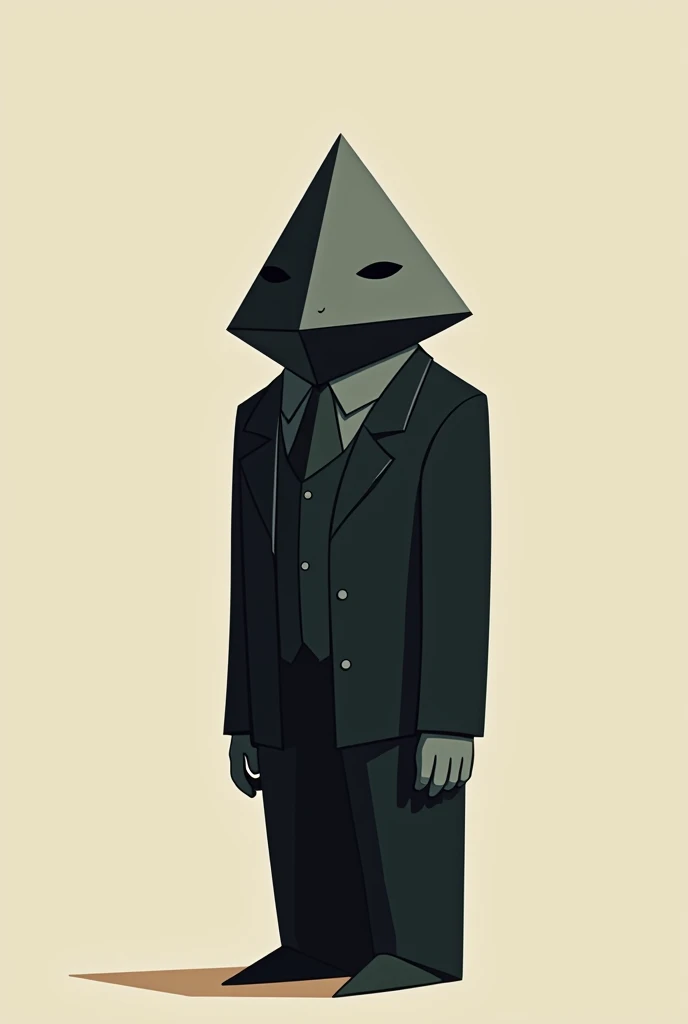  Create me a cartoon of a being in a black suit, The head of this being is a pyramid  