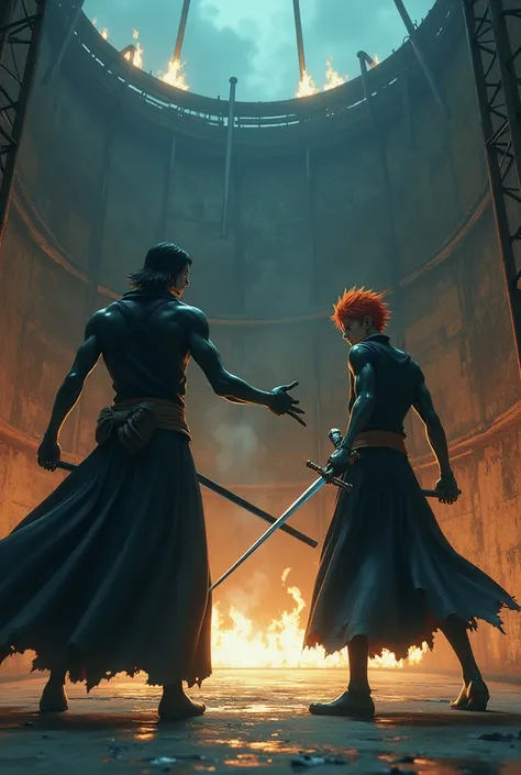 A hyper realistic picture of zoro and Ichigo facing of in a fight pit