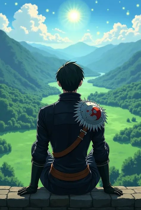 Vinland Saga Animated makoto yukimora series  , Masterpiece , Vibrant colors , Epic Scenary and nature with lights and green orbs , Medieval , Vinland saga Oc Handsome male , 1 teen guy Tall and semi muscular , Sitting in royal high building proud , back c...