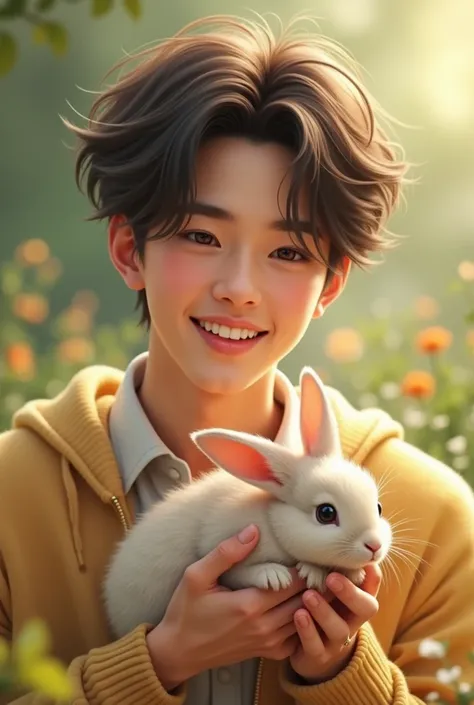 Jimin from the kpop group BTS , with a rabbit in his hands and smiling