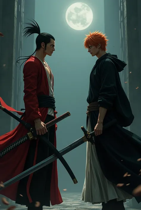 A hyper realistic face off between roronoa zoro from one piece and Ichigo from bleach 