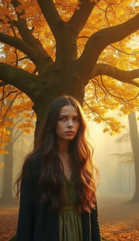  A young woman with long hair and a curious expression stands in front of a majestic tree with golden leaves. The light of the leaves illuminates her face , reflecting their emotions .  The surrounding forest is covered by a soft mist ,  and the magic of t...