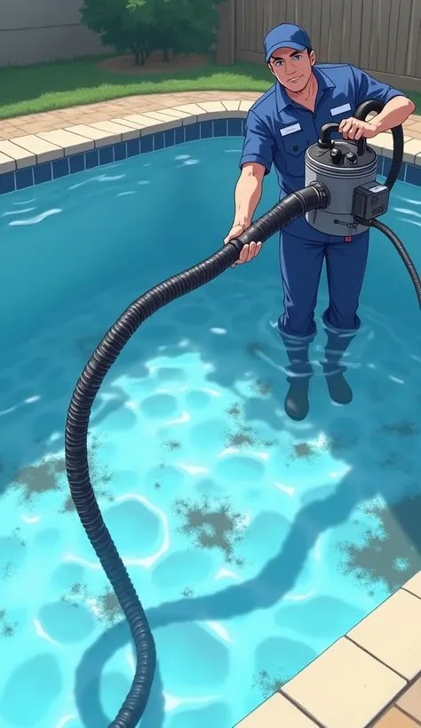 A detailed photo of the technician vacuuming the pool floor with a motor pump. The vacuum hose is connected to the pool pump system, and you may see dirt at the bottom of the pool. The water is noticeably clearer, although it is still not completely clear....