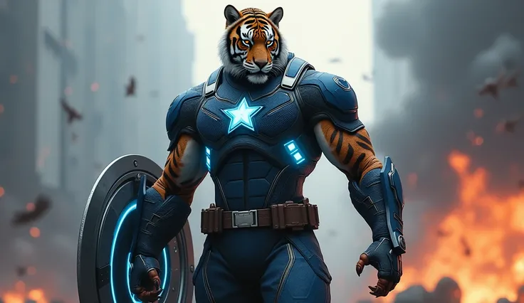 "Create an image of a powerful hybrid character combining Captain America’s iconic look with advanced futuristic armor and fierce tiger traits. The character has the muscular build of Captain America, wearing a sleek, high-tech, advanced suit that features...