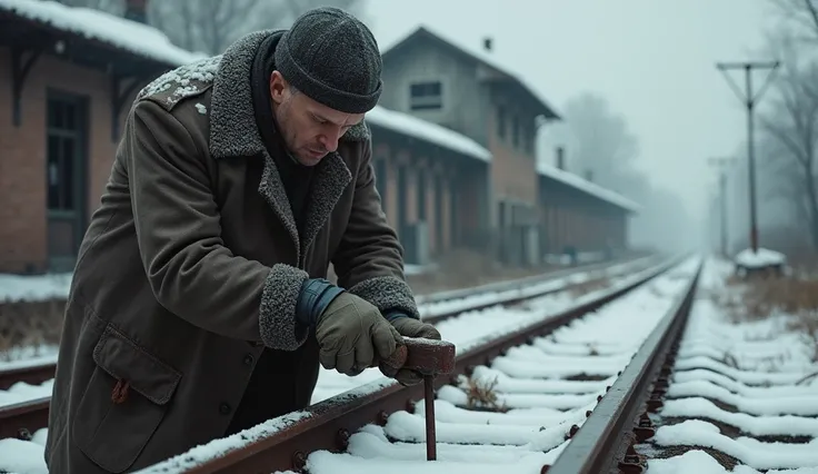 Gustav repairing rusty train tracks alone, wearing a tattered overcoat and a wool cap, mid-20th century, in an abandoned train station surrounded by snow-covered tracks, hammering a nail into the rail with determination, a dilapidated station building in t...