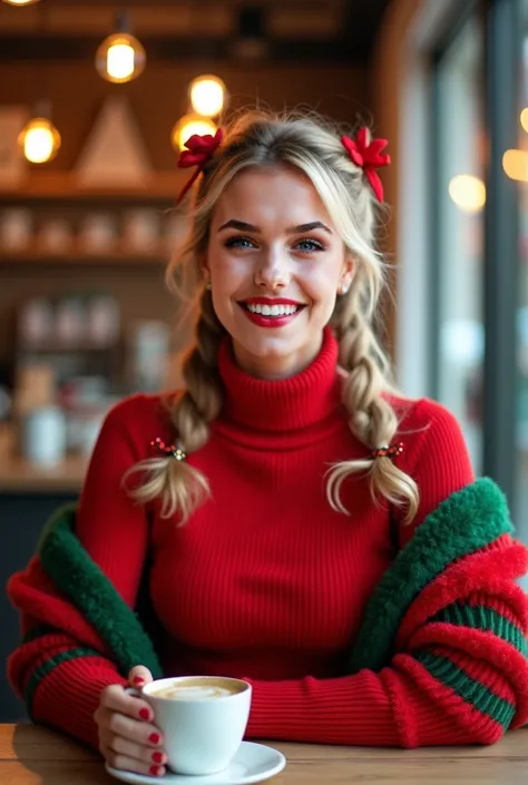 a beautiful young and festive businesswoman who visits a coffee shop to get some work done before the holidays. Cute manicured nails in christmas colors, adorable face, festive red tight-fitting sweater, bigger boobs, bright blonde hair done in pigtails, b...